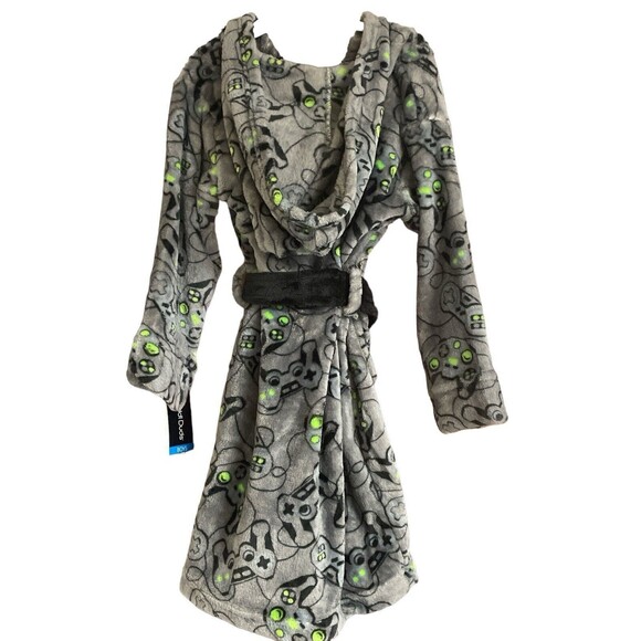 New Boy's Soft Cuddl Duds Gamer Remote Fleece Robe Gray Green Sz S(4/6) Pockets - Picture 2 of 10